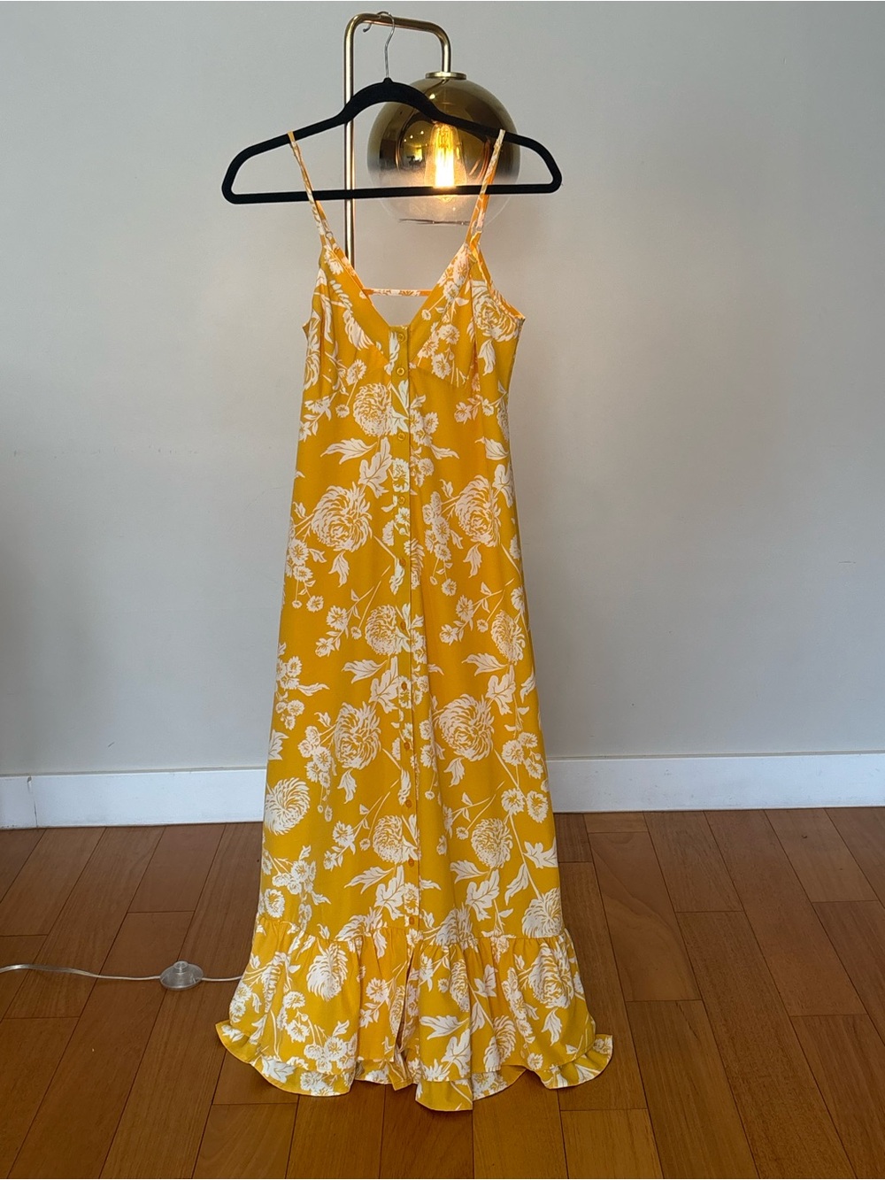 Sunny Yellow Floral Maxi Dress with White Print - Women's Spaghetti Strap